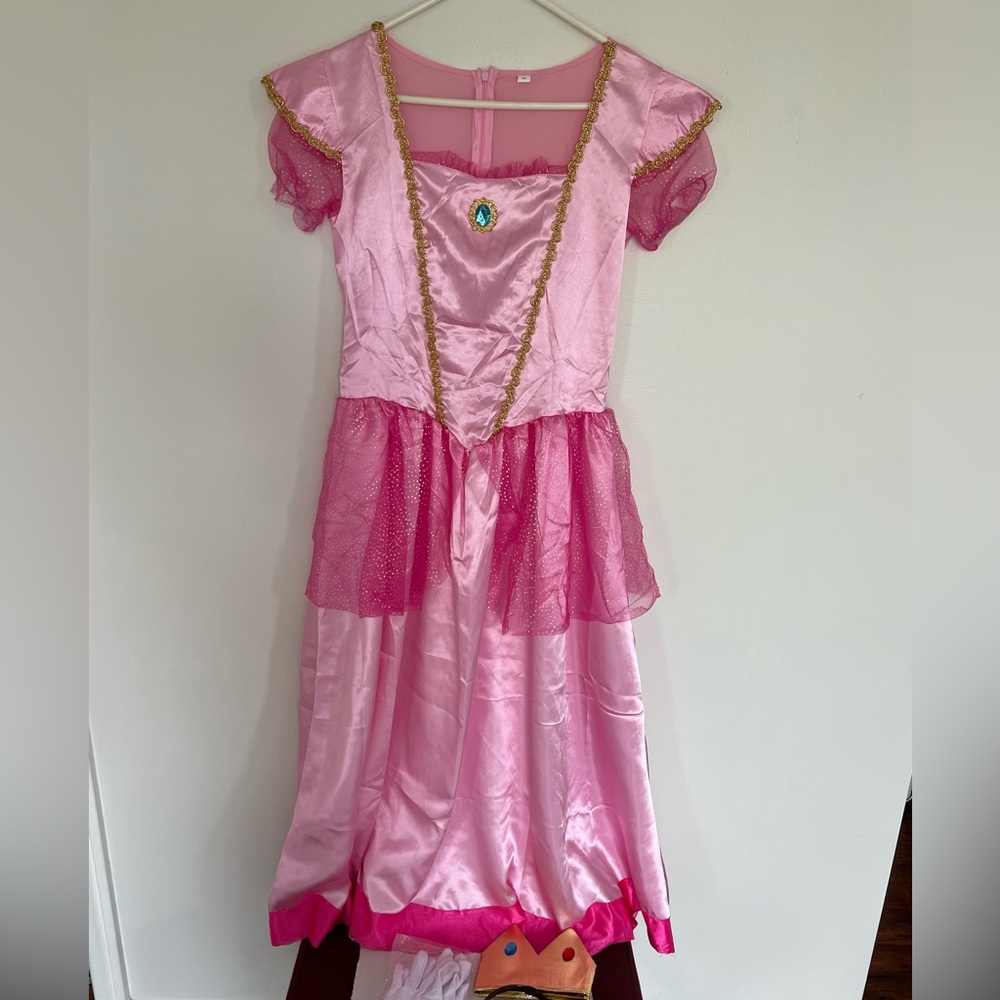 Super Mario Pink Princess Costume Dress with Crown and Jewelry